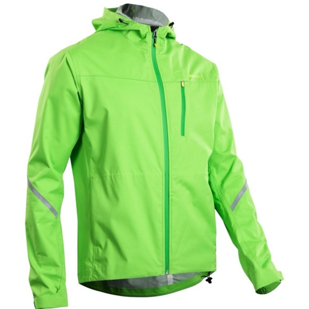 Sugoi men’s size large bright green lightweight cycling jacket with hood